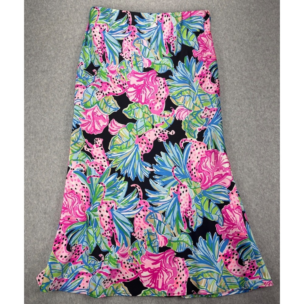 Lilly Pulitzer Black Tropical Leopard Print Elastic Waist Midi Skirt Sz 6‎